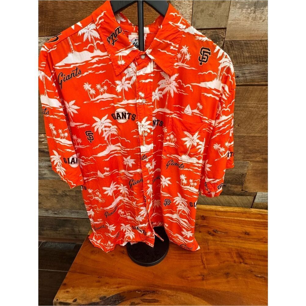 Reyn Spooner SF Giants Hawaiian Shirt Orange Palm Trees 100% Spun Rayon Size L